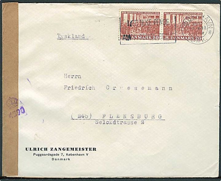 20 øre Grundloven i parstykke på brev fra København d. 24.11.1949 til Flensburg, Tyskland. Britisk censur.