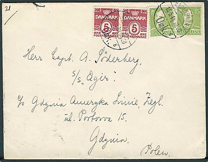 5 øre Bølgelinie (2) og 15 øre Chr. X (2) på brev fra København d. 16.5.1948 til sømand ombord på svitzers bjærgningsfartøj S/S Ægir i Gdynia, Polen.