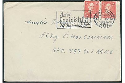 20 øre Chr. X (2) på brev fra København d. 9.1.1948 til dansk kvindelig censor ved O.C.Sig. Hq Command APO 757 US Army = amerikanske styrker i Frankfurt, Tyskland.