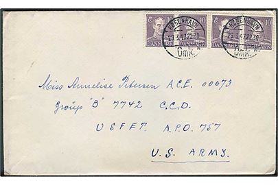 10 øre Chr. X (4) på brev fra København d. 29.3.1947 til dansk kvindelig censor ved Group B 7742 C.C.D (Civil Censorship Division) USFET APO 757 US Army = amerikanske styrker i Frankfurt, Tyskland.