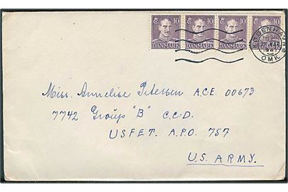 10 øre Chr. X (4) på brev fra København d. 21.3.1947 til dansk kvindelig censor ved Group B 7742 C.C.D (Civil Censorship Division) USFET APO 757 US Army = amerikanske styrker i Frankfurt, Tyskland.