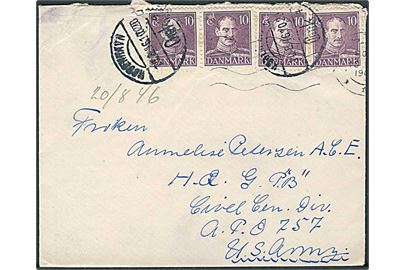 10 øre Chr. X (4) på brev fra København d. 10.8.1946 til dansk kvindelig censor ved Group B, Civil Censorship Division, APO 757 US Army = amerikanske styrker i Tyskland.
