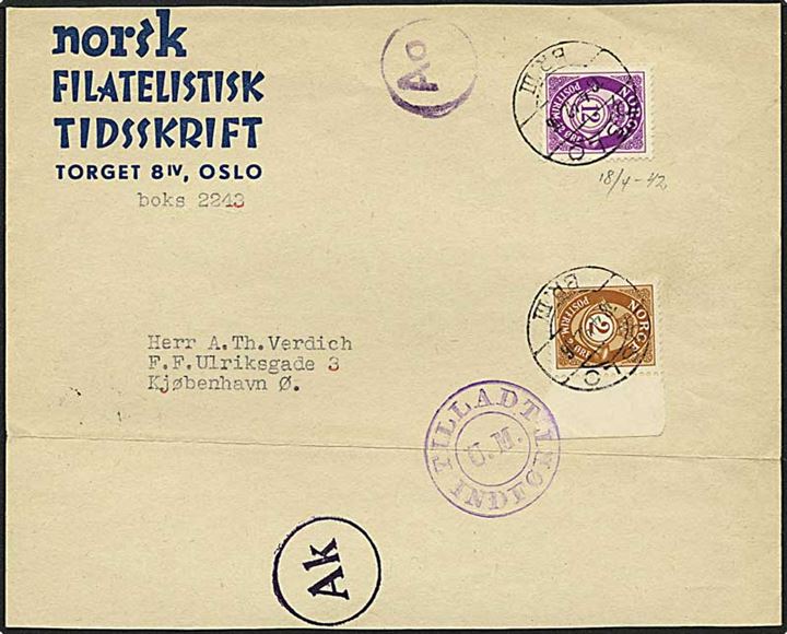 2 øre brun og 12 øre violet posthorn på korsbånd fra Oslo d. 18.4.1942 til København. Norsk og dansk censur.