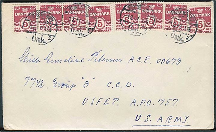 5 øre Bølgelinie (8) automatmærker med tydelige afskærings spor på brev fra København d. 1.2.1947 til dansk kvindelig censor ved 7742 Group B C.C.D. (Civil Censorship Division) USFET APO 757 US Army = amerikanske styrker i Frankfurt, Tyskland.