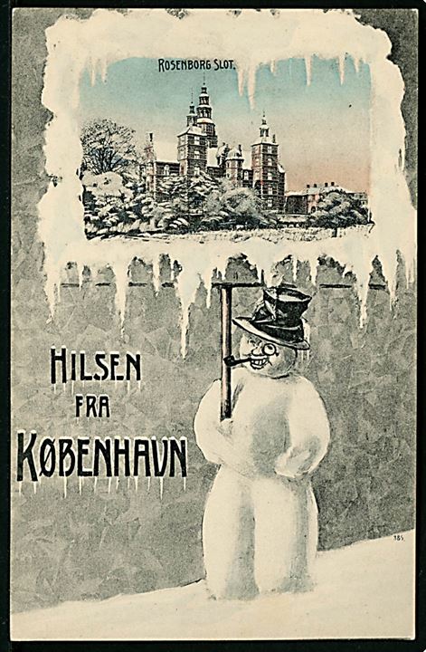 Rosenborg Slot, “Hilsen fra København” med snemand og prospekt. A. Vincent no. 4041. Kvalitet 8