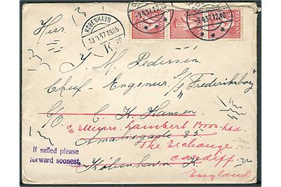15 øre Tavsen i 3-stribe på brev fra Odense d. 9.4.1937 til sømand ombord på S/S Frederiksborg via rederi i København - eftersendt til Cardiff, England.