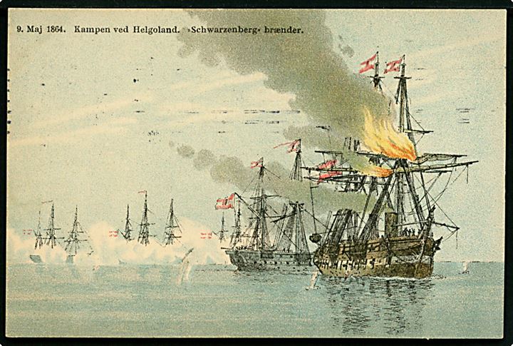 Krigen 1864. Kampen ved Helgoland, “Schwarzenberg” brænder d. 9.5.1864. Minde-Kort, A. Jacobsen u/no. Kvalitet 7