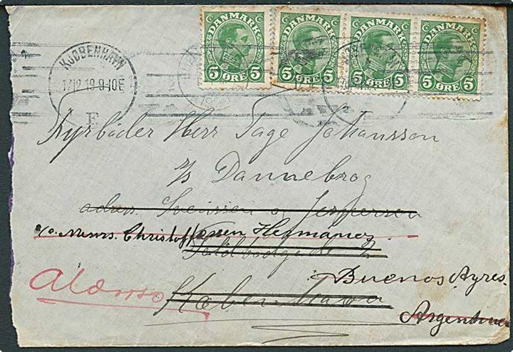 5 øre Chr. X (4) på brev fra Kjøbenhavn d. 12.12.1919 til sømand ombord på S/S Dannebrog via Rederi i København - eftersendt til Buenos Aires, Argentina og efterfølgende returneret.