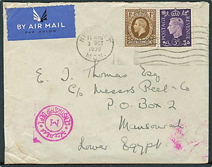 3d George VI og 1 sh. George V på luftpostbrev fra Newport d. 3.10.1939 til Mansoura, Egypten. Egyptisk censur.