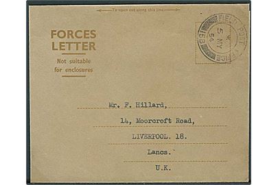 Ufrankeret Forces Letter stemplet Field Post Office 158 d. 5.5.1954 til Liverpool, England. Fra officer i 104 APIS HQ 1 Comwel Div. Korea, BAPO 3. Uden indhold. 