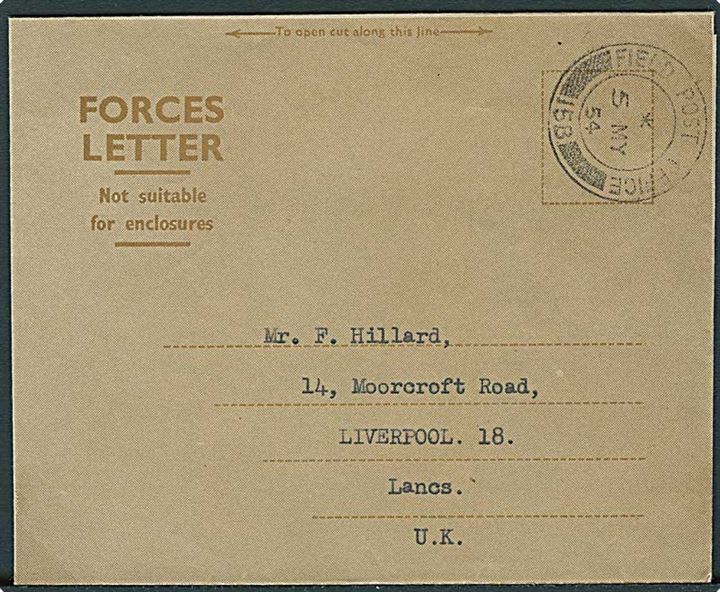 Ufrankeret Forces Letter stemplet Field Post Office 158 d. 5.5.1954 til Liverpool, England. Fra officer i 104 APIS HQ 1 Comwel Div. Korea, BAPO 3. Uden indhold. 