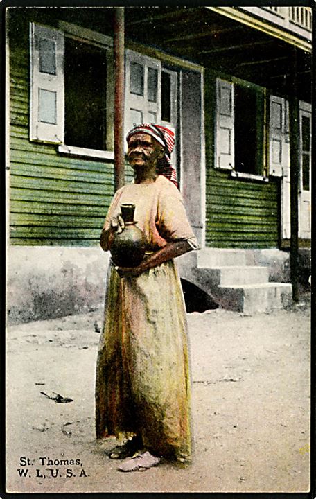 D.V.I., St. Thomas. Lokal kvinde med krukke. A.H. Riise u/no. 