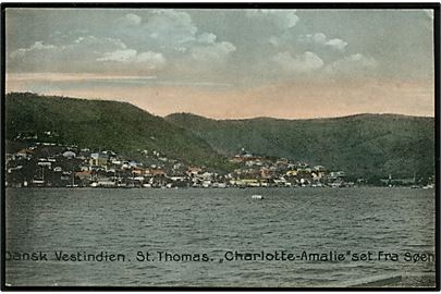 D.V.I., St. Thomas, Charlotte Amalie set fra søen. Stenders no. 12181.
