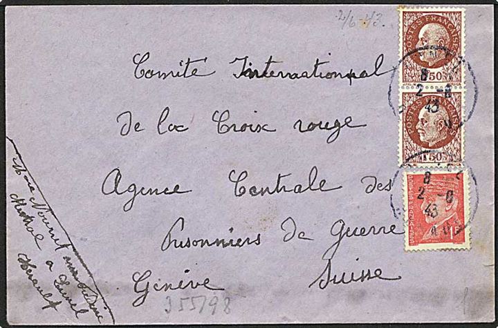 4 franc  på blandingsfrankeret brev fra på brev fra Frankrig d. 2.8.1943 til International Røde Kors i Geneve, Schweiz. Åbnet af tysk censur med god fortrykt censurbanderole fra Briefprüfstelle Lyon (l)