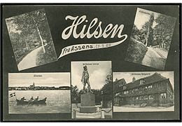 Assens, Ved Skovaaen, Kildebanken, Havnen, Willemoes Statue og Fødegaard. U/no. 