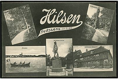 Assens, Ved Skovaaen, Kildebanken, Havnen, Willemoes Statue og Fødegaard. U/no. 