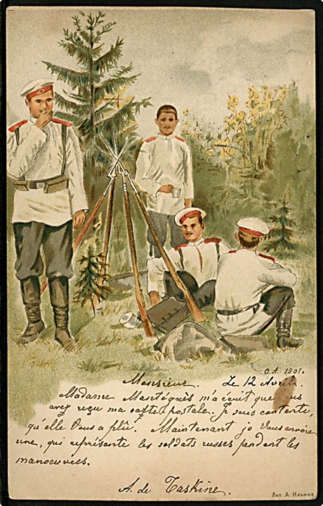 Russiske soldater holder hvil. Frankeret med 4 kop. Våben fra St. Petersborg 1903 til officer ved fransk Zouave regiment i Algeriet, Nordafrika. 