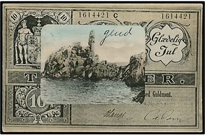 10 kroner pengeseddel med indsat prospekt af Løvehovederne på Bornholm. P. Alstrup no. 105.