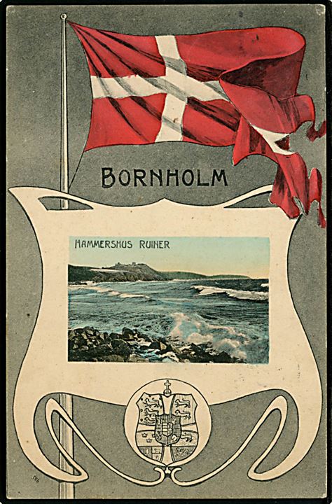 Bornholm. Dannebrogs kort med indsat motiv fra Hammershus Ruiner. No. 586.