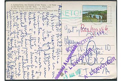 4 kr. Myvatn på brevkort fra Reykjavik d. 4.9.1967 til Firenze, Italien. Retur som ubekendt.