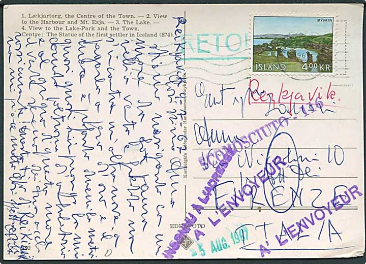 4 kr. Myvatn på brevkort fra Reykjavik d. 4.9.1967 til Firenze, Italien. Retur som ubekendt.