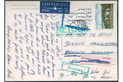 4 kr. Myvatn på brevkort fra Hafnarfjördur 1967 til Roskilde, Danmark. Retur som ubekendt med flere stempler.