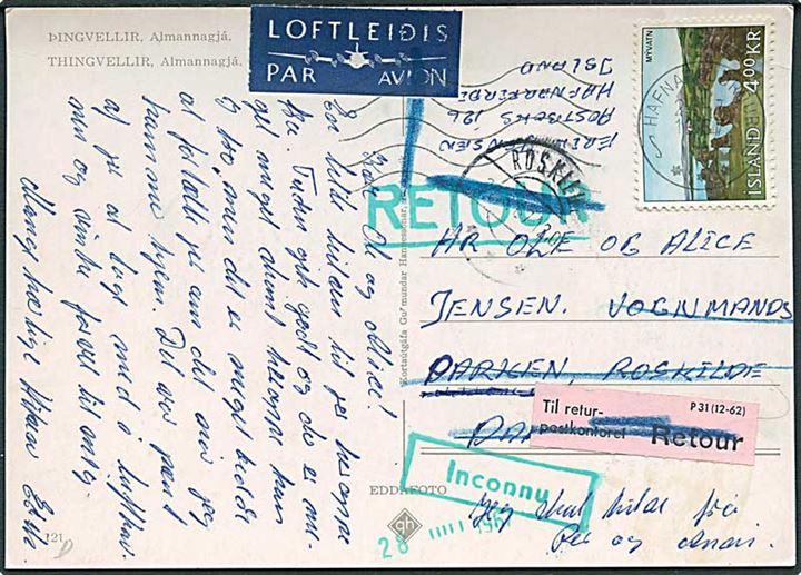 4 kr. Myvatn på brevkort fra Hafnarfjördur 1967 til Roskilde, Danmark. Retur som ubekendt med flere stempler.
