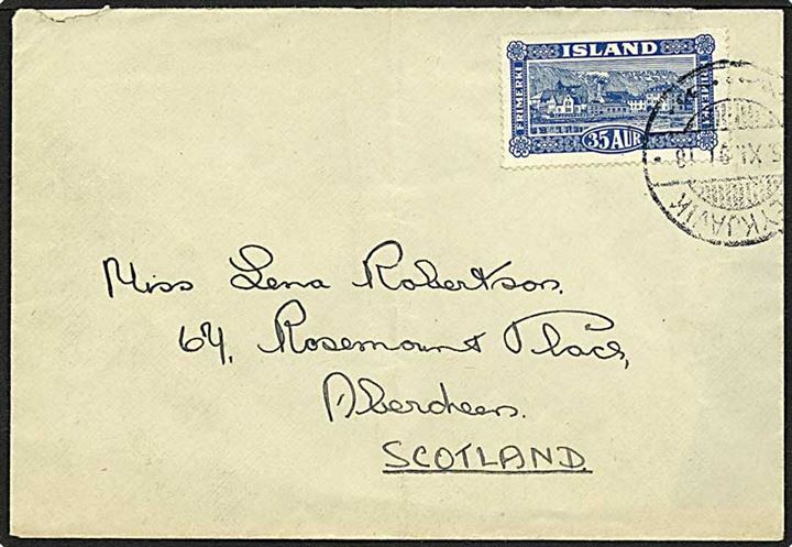 35 aur Landskab single på brev fra Reykjavik d. x5.11.1931 til Aberdeen, Scotland.