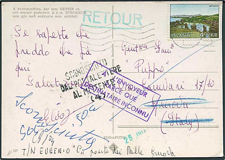 4 kr. Myvatn på brevkort fra Reykjavik 1967 til Genova, Italien. Retur som ubekendt med flere stempler.