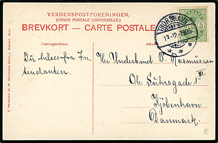 Thorshavn. Gadeparti. Z. Heinesen no. 3247. Med 5 øre Våben annulleret Thorshavn d. 14.12.1905 til København.