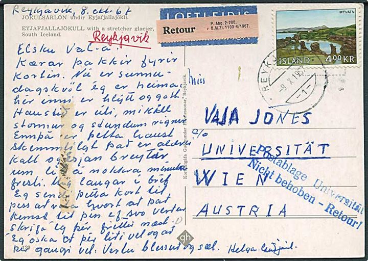 4 kr. Myvatn på brevkort fra Reykjavik d. 9.10.1967 til Wien, Østrig. Retur med stempel: Postablage Universität / Nicht behoben - Retour!