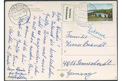 4 kr. Myvatn på brevkort fra Keflavik Flugvöllur d. 23.6.1967 til Sennestadt, Tyskland. Retur som ubekendt.