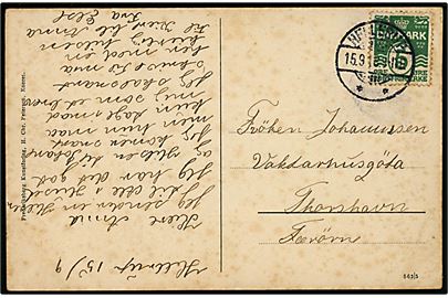 5 øre Bølgelinie på brevkort (Strandvejen i Hellerup) stemplet Hellerup d. 15.9.1913 til Thorshavn, Færøerne.