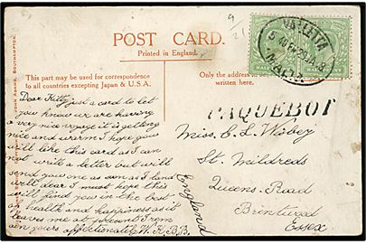 Britisk ½d Edward VII (2) på brevkort (P.&.O. Line S/S Dongola) annulleret med ovalt stempel Valletta Malta d. 29.1.1908 og sidestemplet Paquebot til England.