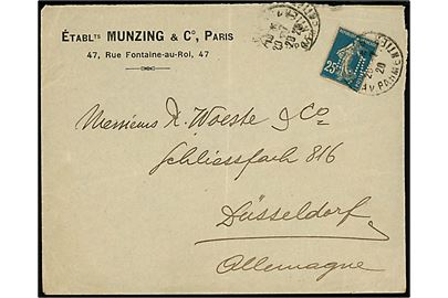 Fransk 25 c. Såerske med perfin E.M. på brev fra Établ.ts Munzing & Co. i Paris d. 20.7.1920 til Düsseldorf, Tyskland.