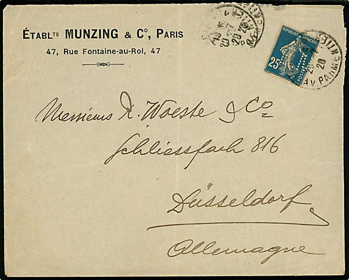 Fransk 25 c. Såerske med perfin E.M. på brev fra Établ.ts Munzing & Co. i Paris d. 20.7.1920 til Düsseldorf, Tyskland.