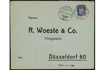 20 øre Posthorn på brev annulleret med brotypestempel Kristiania St.H. (= St. Hanshaugen) d. 22.7.1920 til Düsseldorf, Tyskland.