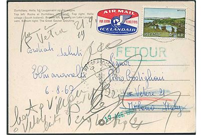 4 kr. Myvatn på brevkort 1967 til Milano, Italien. Retur som ubekendt med flere stempler.