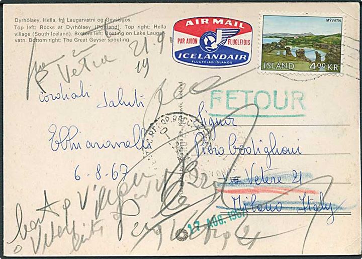 4 kr. Myvatn på brevkort 1967 til Milano, Italien. Retur som ubekendt med flere stempler.