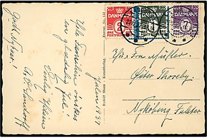 1 øre, 2 øre og 7 øre Bølgelinie, samt Julemærke 1937 gemt af frimærker, på julekort fra Aabenraa d. 22.12.1937 til Øster Thoreby pr. Nykøbing F.