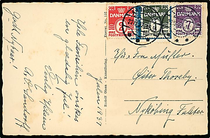 1 øre, 2 øre og 7 øre Bølgelinie, samt Julemærke 1937 gemt af frimærker, på julekort fra Aabenraa d. 22.12.1937 til Øster Thoreby pr. Nykøbing F.