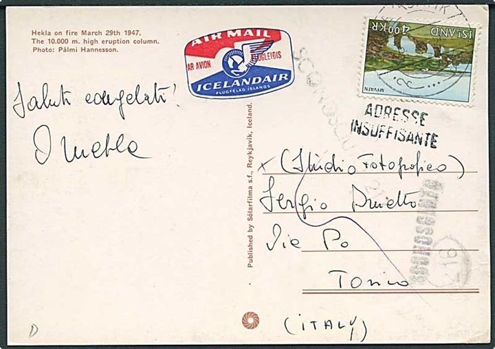 4 kr. Myvatn på brevkort (Vulkanen Hekla i udbrug 1947) fra Reykjavik 1967 til Torino, Italien. Retur som ubekendt.
