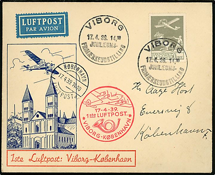 50 øre Luftpost på 1.-flyvningskuvert Viborg - København annulleret med udstillingsstempel Viborg Jubilæums-Frimærkeudstilling d. 17.4.1939 via København Luftpost til København.