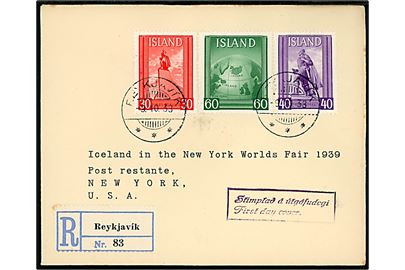 Komplet sæt Leifr Eiricsson udg. på anbefalet FDC fra Reykjavik d. 9.10.1938 til Verdensudstillingen i New York, USA.