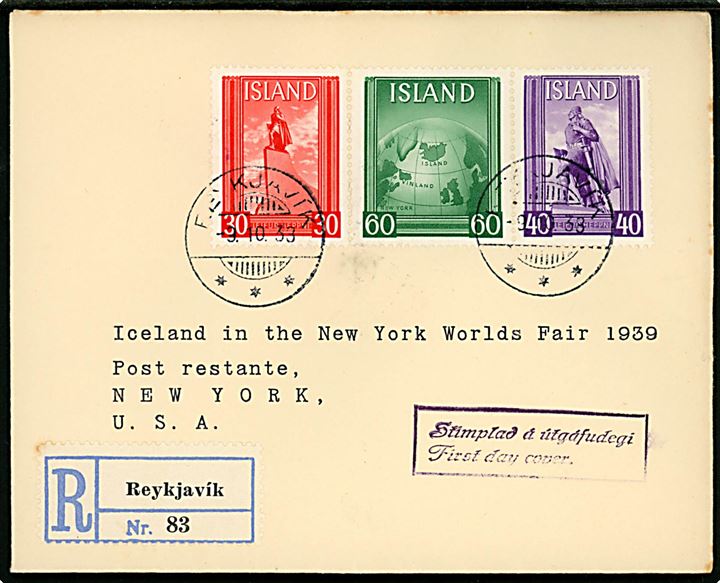 Komplet sæt Leifr Eiricsson udg. på anbefalet FDC fra Reykjavik d. 9.10.1938 til Verdensudstillingen i New York, USA.
