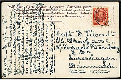 10 bit Fr. VIII på brevkort stemplet St. Thomas d. 8.10.1908 til capt. ombord på S/S Skinfaxe via rederiadresse i København, Danmark.