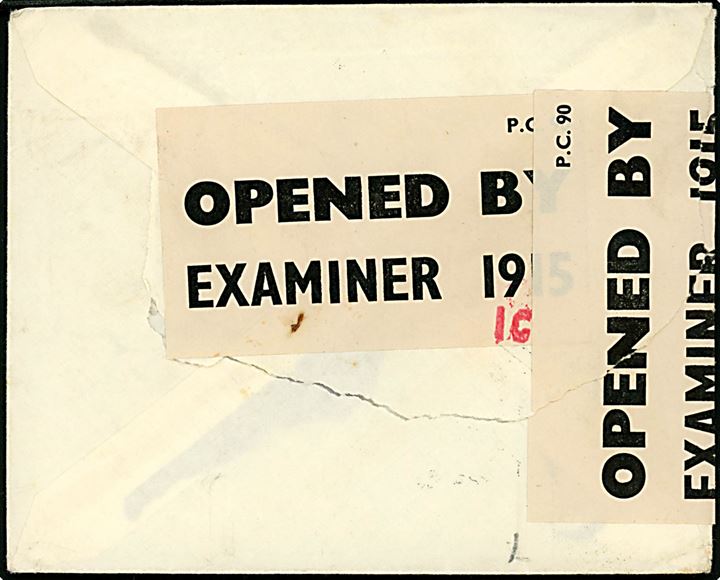 30 c. frankeret overfladebrev fra Basel d. 29.10.1942 til New York, USA. Åbnet af britisk censur på Bermuda med fortrykt banderole PC90 Opened by examiner 1915 med rødt tiltryl IC. Revet på bagsiden. 