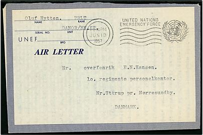 Ufrankeret UNEF Air Letter med langt indhold dateret i Beit Hanun med maskinstempel United Nations Emergency Force d. 18.6.1957 til soldat ved 10. regiment i Nr. Uttrup pr. Nørresundby. Sendt fra officer ved DANOR/BN ST/UNEF.