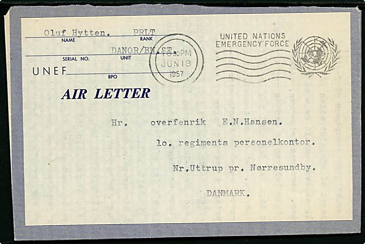 Ufrankeret UNEF Air Letter med langt indhold dateret i Beit Hanun med maskinstempel United Nations Emergency Force d. 18.6.1957 til soldat ved 10. regiment i Nr. Uttrup pr. Nørresundby. Sendt fra officer ved DANOR/BN ST/UNEF.