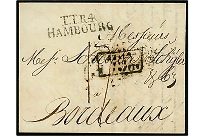 1820. Portobrev med fuldt indhold dateret i København d. 4.11.1820 til Bordeaux, Frankrig. Sort T.T.R4 Hambourg stempel og rammestempel Allemagne par Givet, samt fransk portopåtegning.